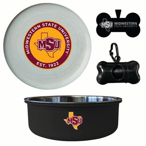 Midwestern State University Mustangs Officially Licensed College Pet Pack – Dog Tag, Bowl, Flying Disc & Waste Bag 