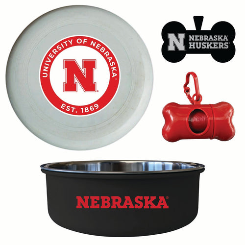 Nebraska Cornhuskers Officially Licensed College Pet Pack – Dog Tag, Bowl, Flying Disc & Waste Bag 