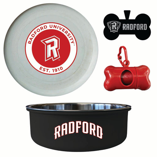 Radford University Highlanders Officially Licensed College Pet Pack – Dog Tag, Bowl, Flying Disc & Waste Bag 