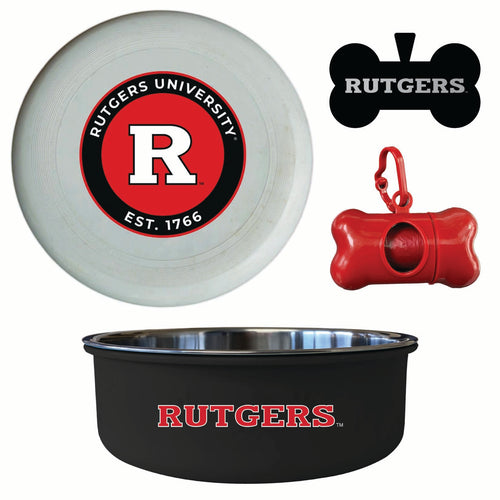 Rutgers Scarlet Knights Officially Licensed College Pet Pack – Dog Tag, Bowl, Flying Disc & Waste Bag 