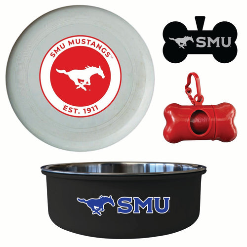 Southern Methodist University Officially Licensed College Pet Pack – Dog Tag, Bowl, Flying Disc & Waste Bag 