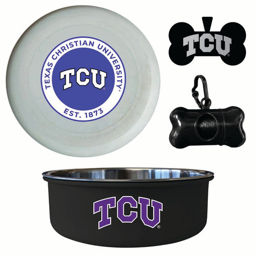Texas Christian University Officially Licensed College Pet Pack – Dog Tag, Bowl, Flying Disc & Waste Bag 