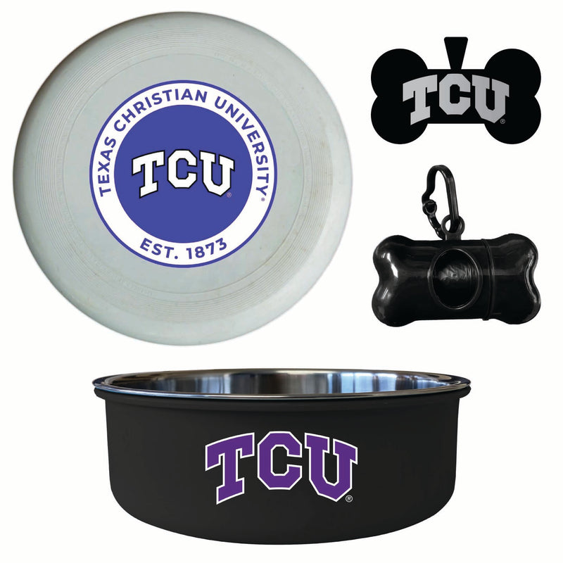 Texas Christian University Officially Licensed College Pet Pack – Dog Tag, Bowl, Flying Disc & Waste Bag 