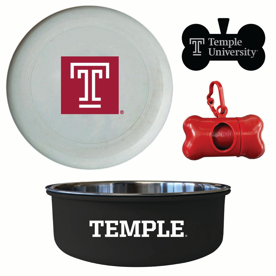 Temple University Officially Licensed College Pet Pack – Dog Tag, Bowl, Flying Disc & Waste Bag 