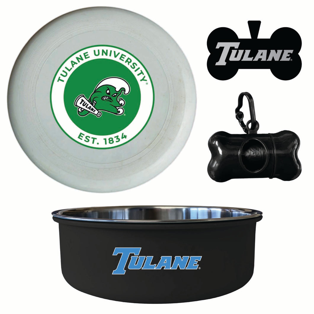 Tulane University Green Wave Officially Licensed College Pet Pack – Dog Tag, Bowl, Flying Disc & Waste Bag 