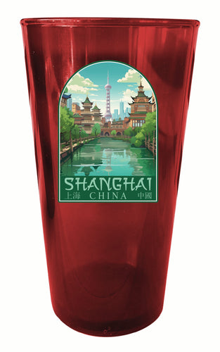 Shanghai China Old Town Design Souvenir Plastic 16 oz pint Red 2-Pack