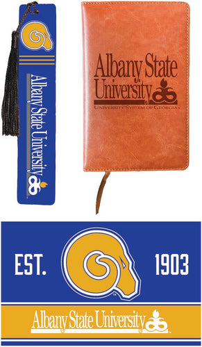 Albany State University Officially Licensed Reader Pack - Wooden Bookmark, Engraved Leather Journal & 5x7 Wood Sign 