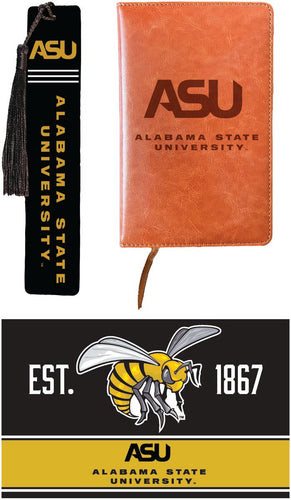 Alabama State University Officially Licensed Reader Pack - Wooden Bookmark, Engraved Leather Journal & 5x7 Wood Sign 