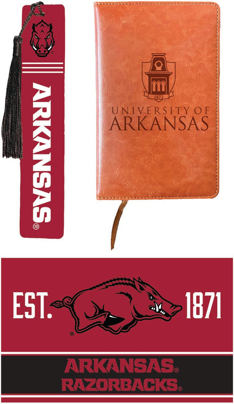 Arkansas Razorbacks Officially Licensed Reader Pack - Wooden Bookmark, Engraved Leather Journal & 5x7 Wood Sign 