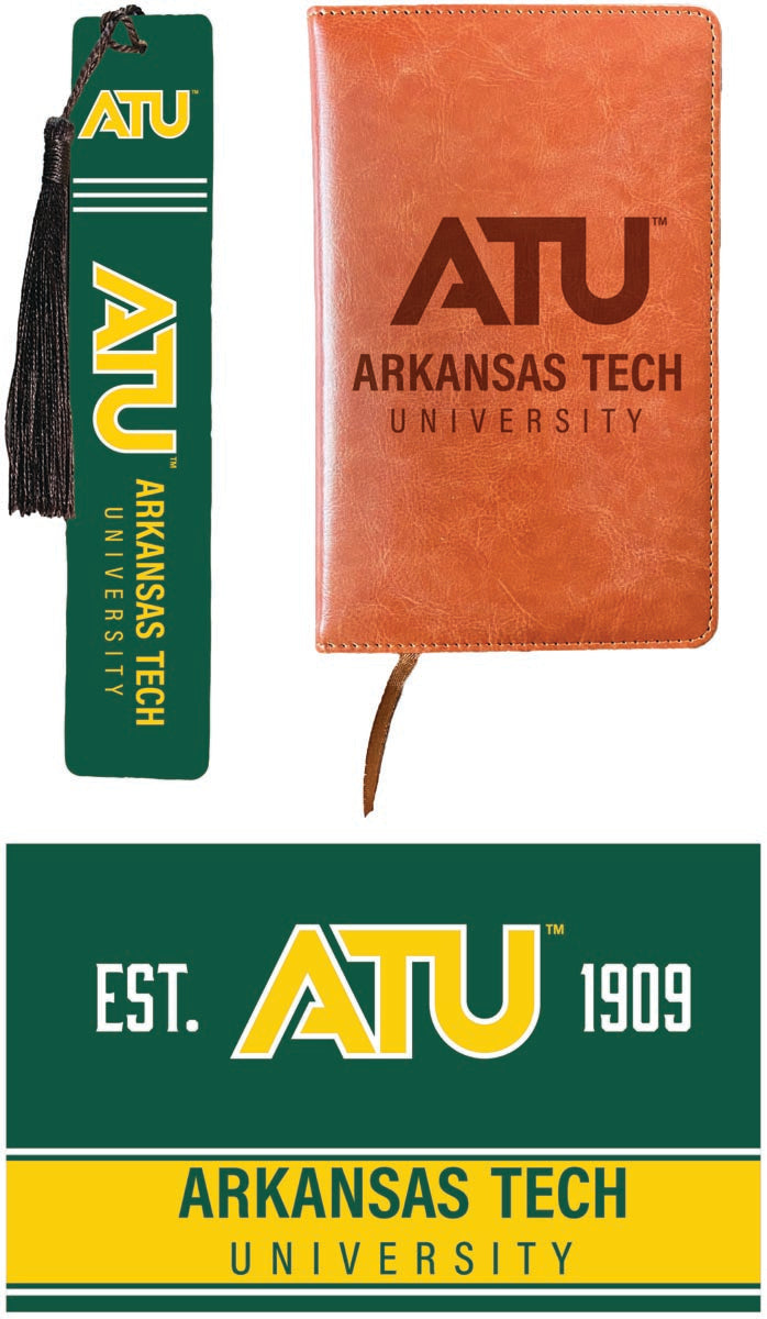 Arkansas Tech University Officially Licensed Reader Pack - Wooden Bookmark, Engraved Leather Journal & 5x7 Wood Sign 