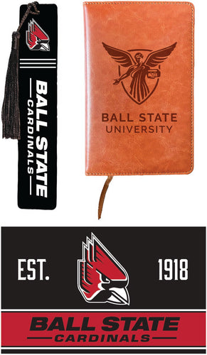 Ball State University Officially Licensed Reader Pack - Wooden Bookmark, Engraved Leather Journal & 5x7 Wood Sign 