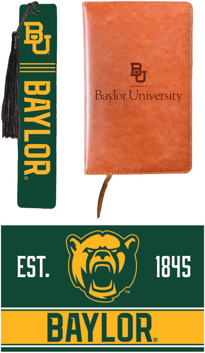 Baylor Bears Officially Licensed Reader Pack - Wooden Bookmark, Engraved Leather Journal & 5x7 Wood Sign 