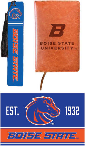 Boise State Broncos Officially Licensed Reader Pack - Wooden Bookmark, Engraved Leather Journal & 5x7 Wood Sign 