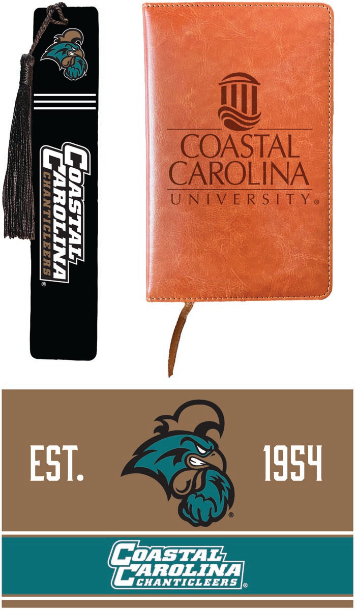 Coastal Carolina University Officially Licensed Reader Pack - Wooden Bookmark, Engraved Leather Journal & 5x7 Wood Sign 