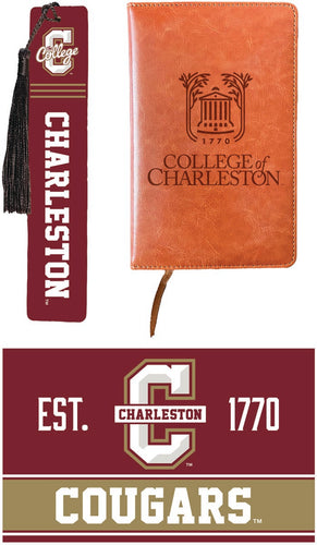 College of Charleston Officially Licensed Reader Pack - Wooden Bookmark, Engraved Leather Journal & 5x7 Wood Sign 