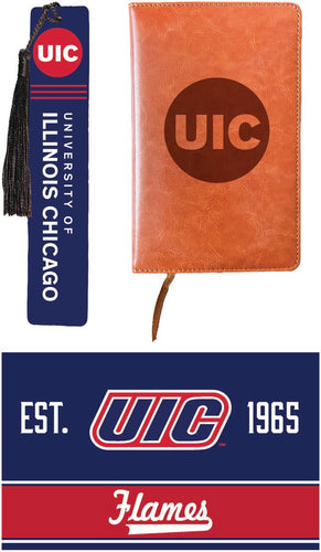 University of Illinois at Chicago Officially Licensed Reader Pack - Wooden Bookmark, Engraved Leather Journal & 5x7 Wood Sign 