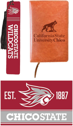 California State University, Chico Officially Licensed Reader Pack - Wooden Bookmark, Engraved Leather Journal & 5x7 Wood Sign 