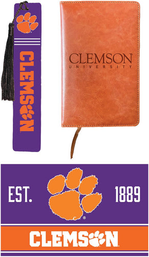 Clemson Tigers Officially Licensed Reader Pack - Wooden Bookmark, Engraved Leather Journal & 5x7 Wood Sign 