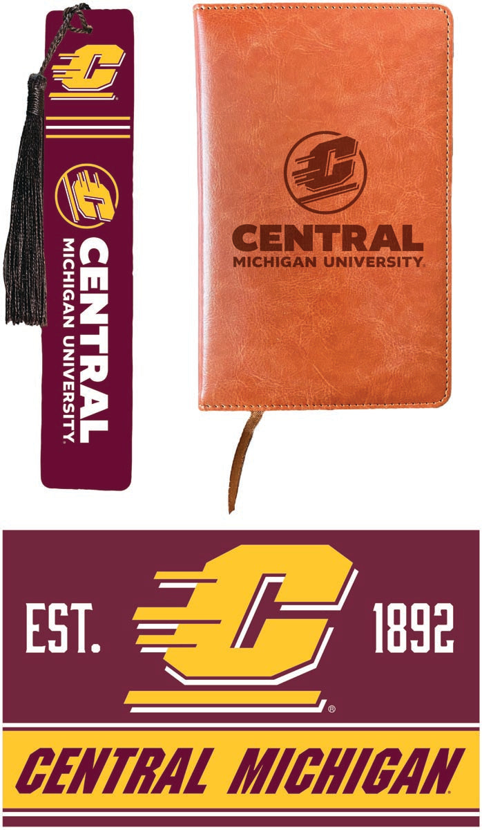 Central Michigan University Officially Licensed Reader Pack - Wooden Bookmark, Engraved Leather Journal & 5x7 Wood Sign 