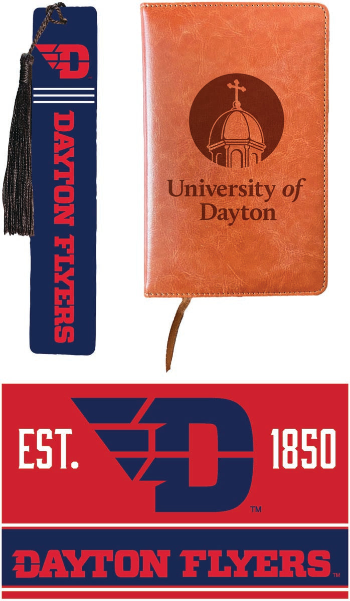 Dayton Flyers Officially Licensed Reader Pack - Wooden Bookmark, Engraved Leather Journal & 5x7 Wood Sign 