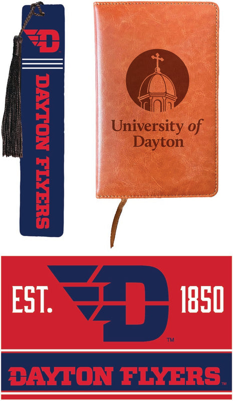 Dayton Flyers Officially Licensed Reader Pack - Wooden Bookmark, Engraved Leather Journal & 5x7 Wood Sign 