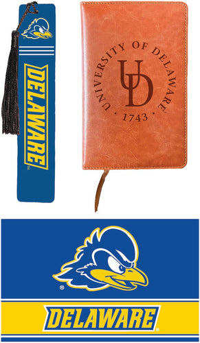 Delaware Blue Hens Officially Licensed Reader Pack - Wooden Bookmark, Engraved Leather Journal & 5x7 Wood Sign 
