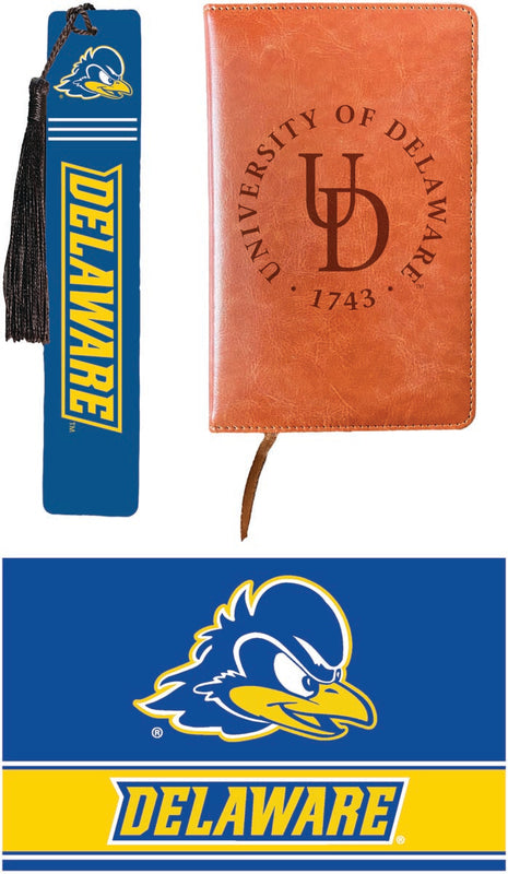Delaware Blue Hens Officially Licensed Reader Pack - Wooden Bookmark, Engraved Leather Journal & 5x7 Wood Sign 