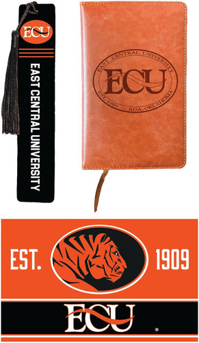 East Central University Tigers Officially Licensed Reader Pack - Wooden Bookmark, Engraved Leather Journal & 5x7 Wood Sign 