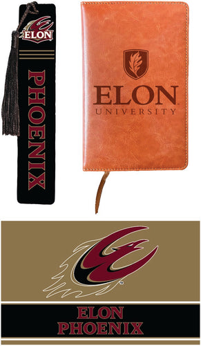 Elon University Officially Licensed Reader Pack - Wooden Bookmark, Engraved Leather Journal & 5x7 Wood Sign 