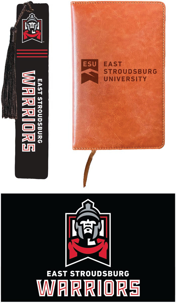 East Stroudsburg University Officially Licensed Reader Pack - Wooden Bookmark, Engraved Leather Journal & 5x7 Wood Sign 