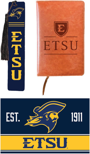 East Tennessee State University Officially Licensed Reader Pack - Wooden Bookmark, Engraved Leather Journal & 5x7 Wood Sign 