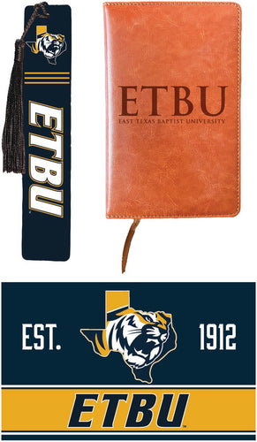 East Texas Baptist University Officially Licensed Reader Pack - Wooden Bookmark, Engraved Leather Journal & 5x7 Wood Sign 