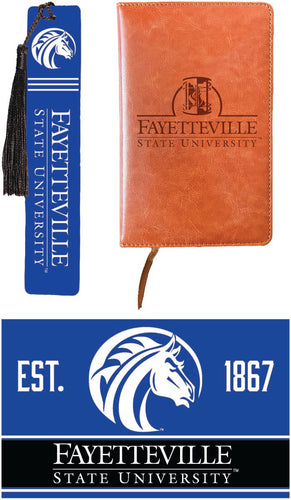 Fayetteville State University Officially Licensed Reader Pack - Wooden Bookmark, Engraved Leather Journal & 5x7 Wood Sign 