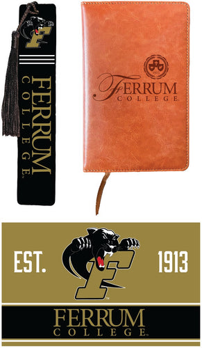Ferrum College Officially Licensed Reader Pack - Wooden Bookmark, Engraved Leather Journal & 5x7 Wood Sign 