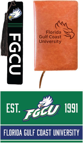Florida Gulf Coast Eagles Officially Licensed Reader Pack - Wooden Bookmark, Engraved Leather Journal & 5x7 Wood Sign 
