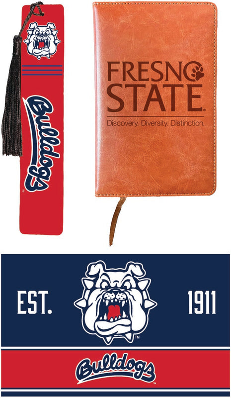 Fresno State Bulldogs Officially Licensed Reader Pack - Wooden Bookmark, Engraved Leather Journal & 5x7 Wood Sign 