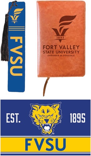 Fort Valley State University Officially Licensed Reader Pack - Wooden Bookmark, Engraved Leather Journal & 5x7 Wood Sign 