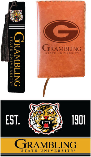 Grambling State Tigers Officially Licensed Reader Pack - Wooden Bookmark, Engraved Leather Journal & 5x7 Wood Sign 