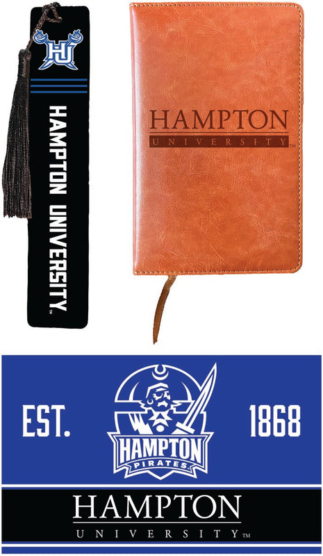 Hampton University Officially Licensed Reader Pack - Wooden Bookmark, Engraved Leather Journal & 5x7 Wood Sign 
