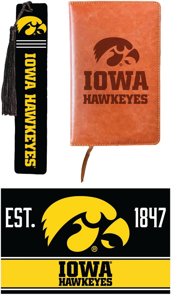 Iowa Hawkeyes Officially Licensed Reader Pack - Wooden Bookmark, Engraved Leather Journal & 5x7 Wood Sign 
