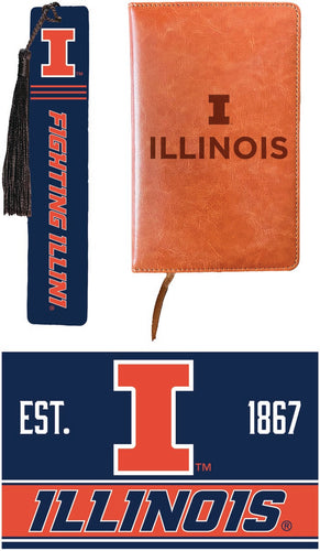 Illinois Fighting Illini Officially Licensed Reader Pack - Wooden Bookmark, Engraved Leather Journal & 5x7 Wood Sign 