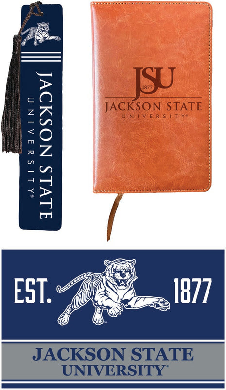 Jackson State University Officially Licensed Reader Pack - Wooden Bookmark, Engraved Leather Journal & 5x7 Wood Sign 
