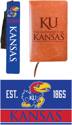 Kansas Jayhawks Officially Licensed Reader Pack - Wooden Bookmark, Engraved Leather Journal & 5x7 Wood Sign 