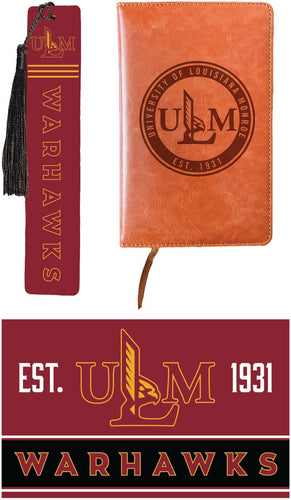 University of Louisiana Monroe Officially Licensed Reader Pack - Wooden Bookmark, Engraved Leather Journal & 5x7 Wood Sign 