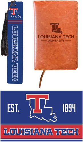 Louisiana Tech Bulldogs Officially Licensed Reader Pack - Wooden Bookmark, Engraved Leather Journal & 5x7 Wood Sign 