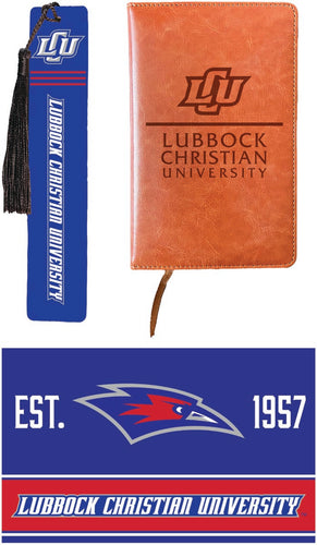 Lubbock Christian University Chaparral Officially Licensed Reader Pack - Wooden Bookmark, Engraved Leather Journal & 5x7 Wood Sign 