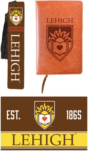Lehigh University Mountain Hawks Officially Licensed Reader Pack - Wooden Bookmark, Engraved Leather Journal & 5x7 Wood Sign 