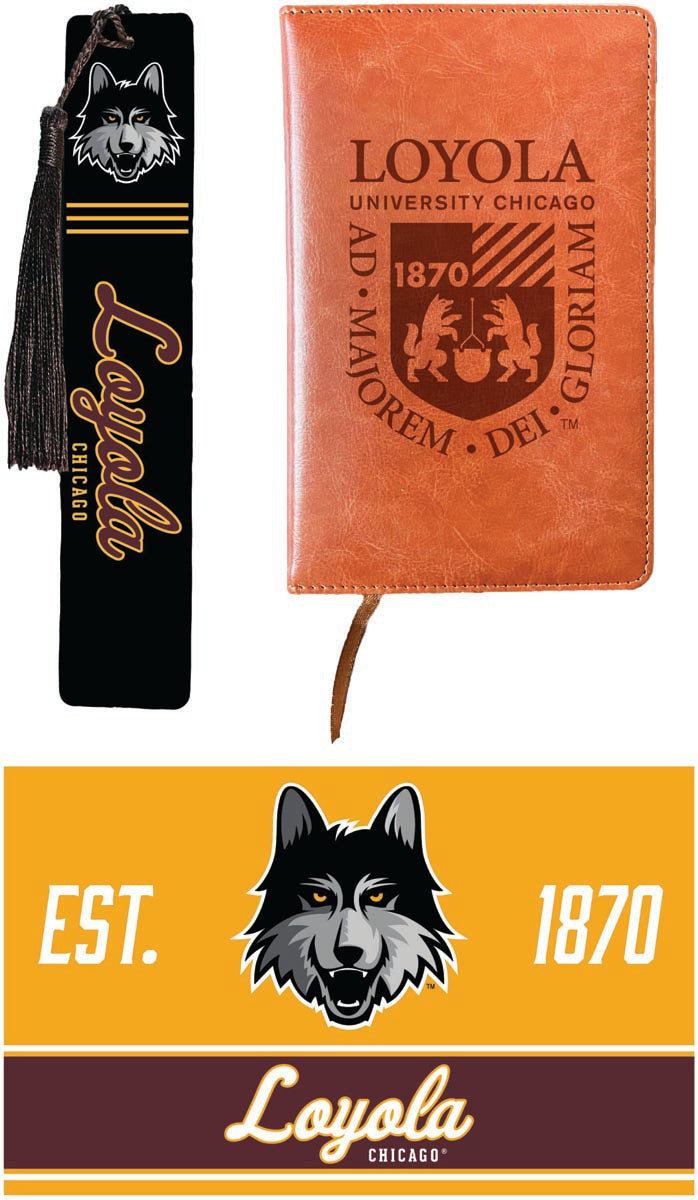 Loyola University Ramblers Officially Licensed Reader Pack - Wooden Bookmark, Engraved Leather Journal & 5x7 Wood Sign 