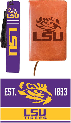 LSU Tigers Officially Licensed Reader Pack - Wooden Bookmark, Engraved Leather Journal & 5x7 Wood Sign 