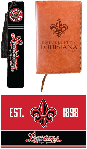Louisiana at Lafayette Ragin' Cajuns Officially Licensed Reader Pack - Wooden Bookmark, Engraved Leather Journal & 5x7 Wood Sign 